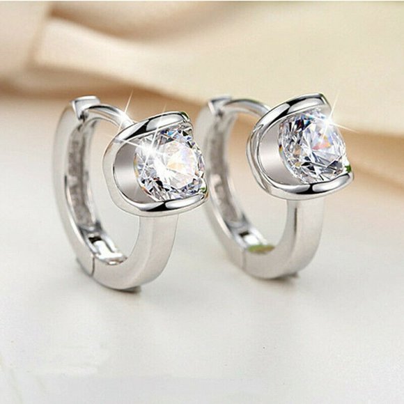 Silver Elegant Diamond Zircon Hoop Huggie Earrings 18mm .84ctw each - Picture 7 of 7